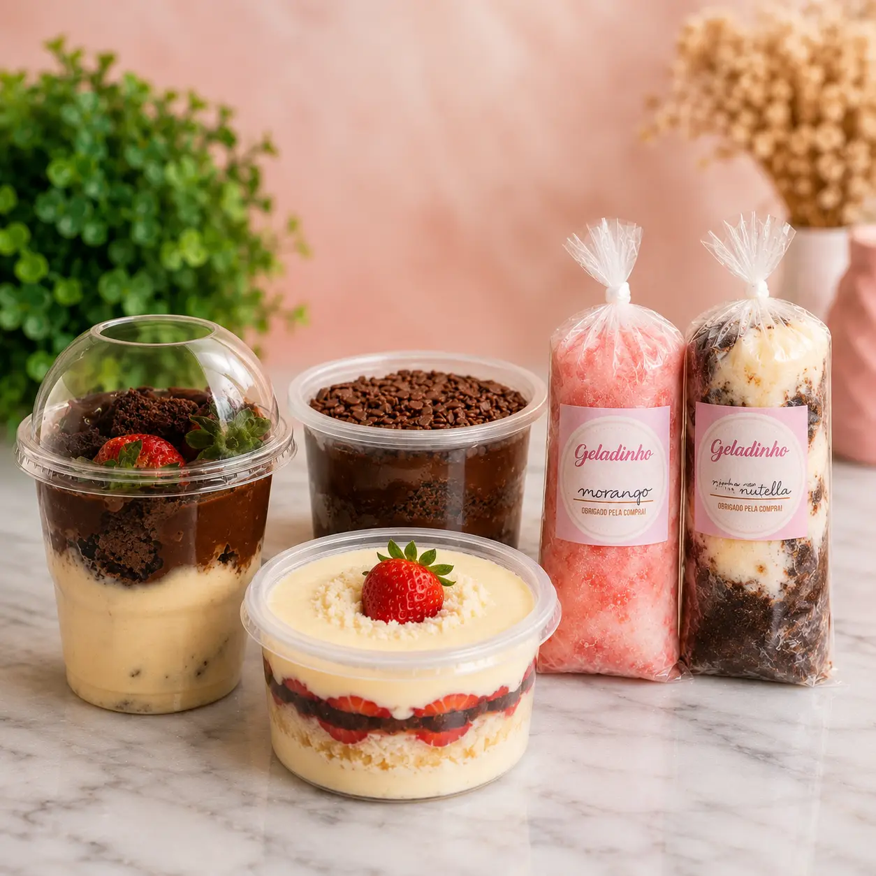 Combo Coleção Domingo Delícias da Shi com copo da felicidade, bolo Ninho com morango, bolo de brigadeiro e dois gelinhos gourmet