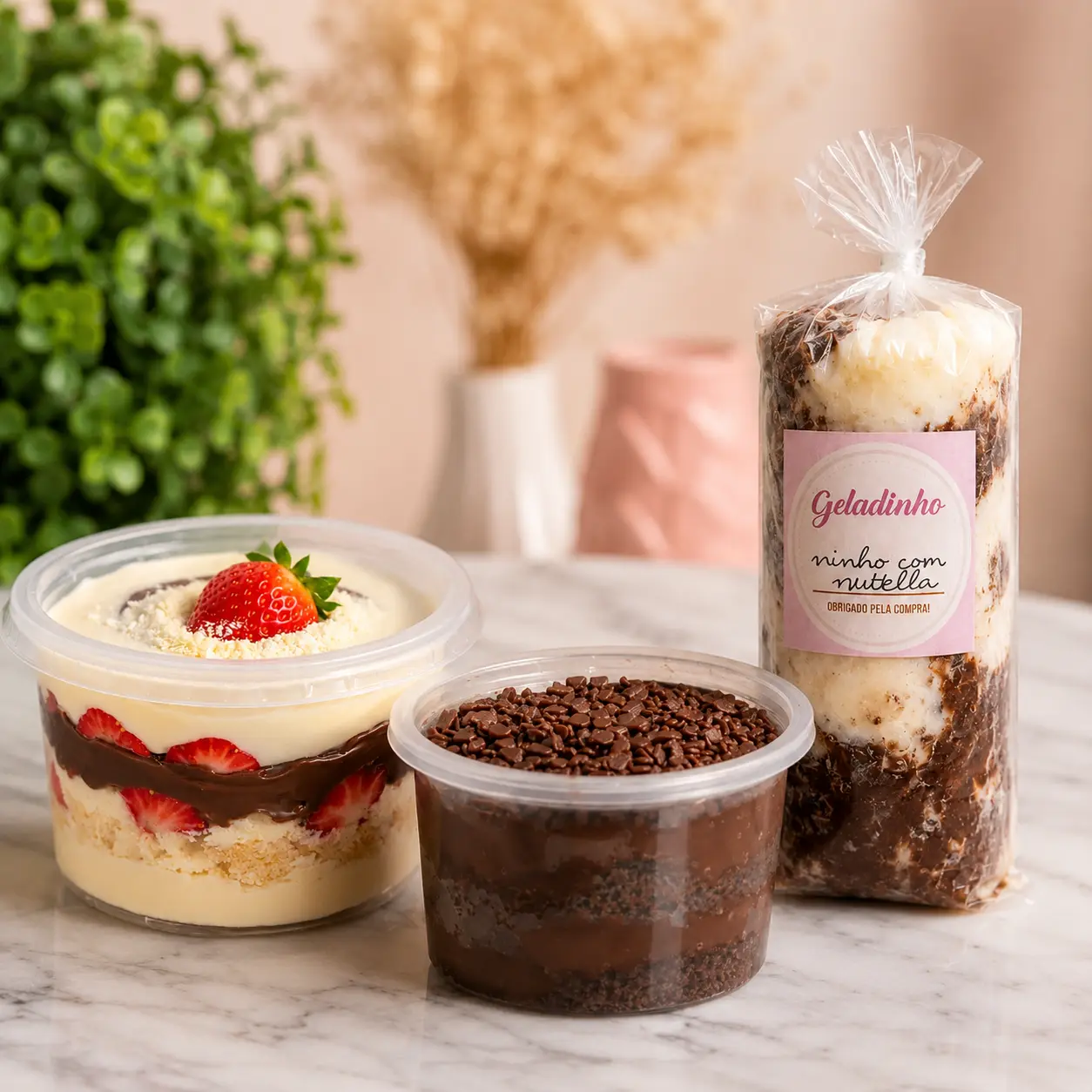 Combo Encontro Perfeito Delícias da Shi com bolo Ninho, Nutella e Morango, bolo de brigadeiro e gelinho Ninho com Nutella